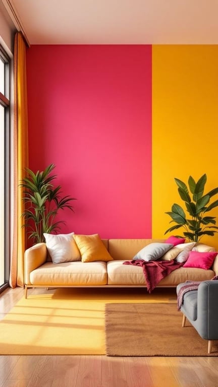 A living room with a pink and yellow accent wall, featuring a light-colored sofa with colorful cushions and plants.