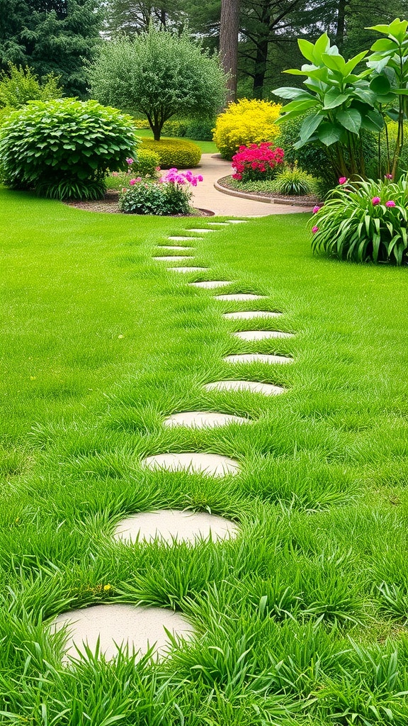 A pathway of stepping stones surrounded by lush green grass and colorful flowers.