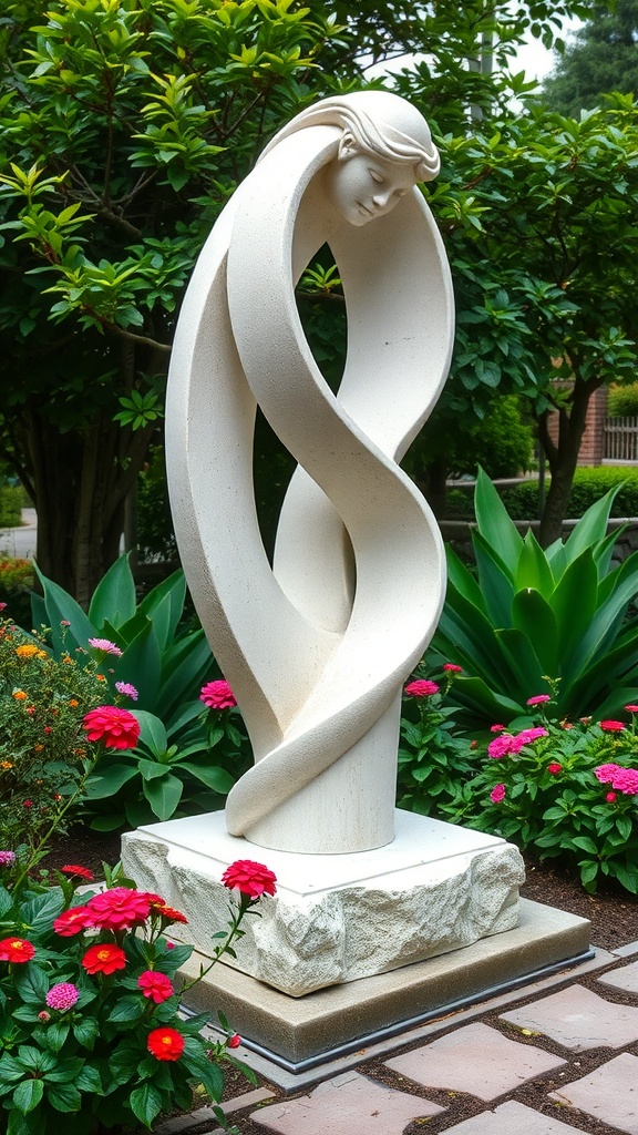 A smooth, flowing white stone sculpture surrounded by colorful flowers and greenery in a garden.