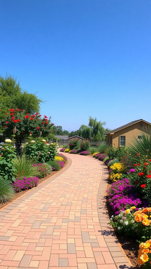 A beautifully landscaped garden with a curved brick path surrounded by colorful flowers.