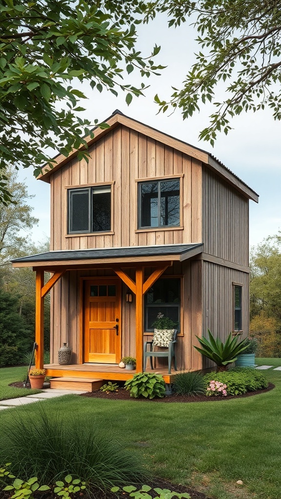 A charming two-story shed house made of wood with a welcoming porch and surrounding greenery.