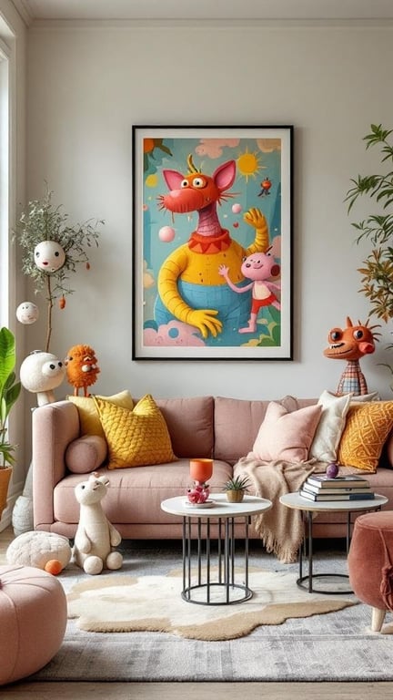 A cozy living room featuring a pink couch, colorful pillows, whimsical artwork of a dragon, and playful decorative accents.
