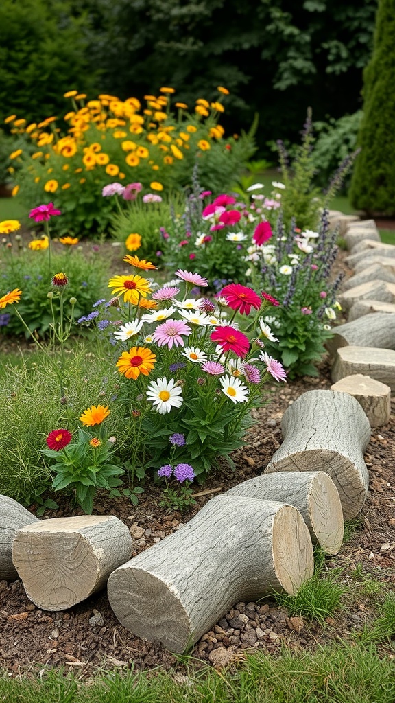 Colorful flowers growing beside natural log borders in a garden