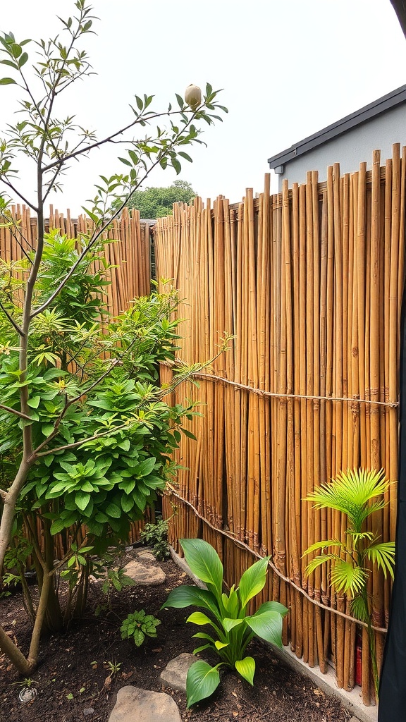 A small backyard garden with bamboo fencing providing privacy, surrounded by lush greenery and stones.