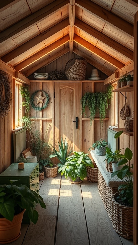 Interior of a tiny shed house with wooden walls and various plants.