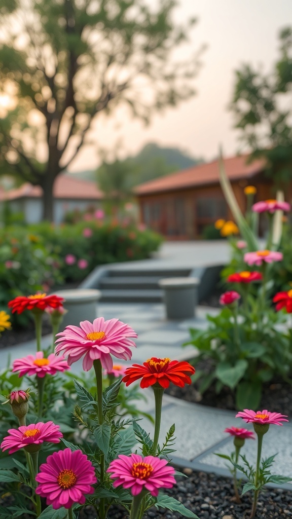A vibrant Zen garden featuring blooming zinnias in pink and red, with stone pathways and a peaceful atmosphere.