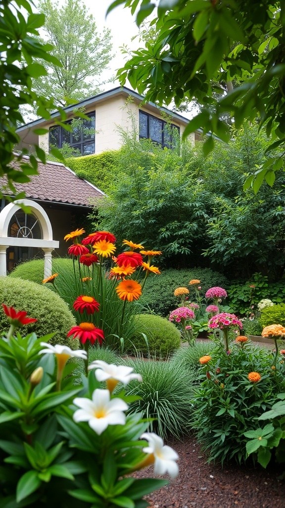A vibrant garden with colorful flowers and lush greenery surrounding a house.