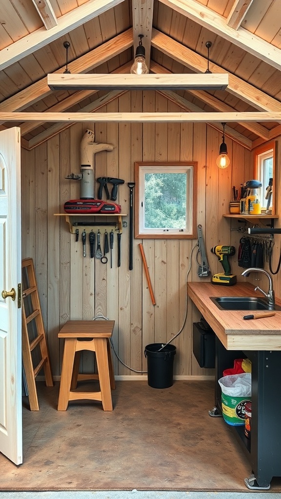 Interior of a tiny 2-story shed house workshop with tools and workspace.