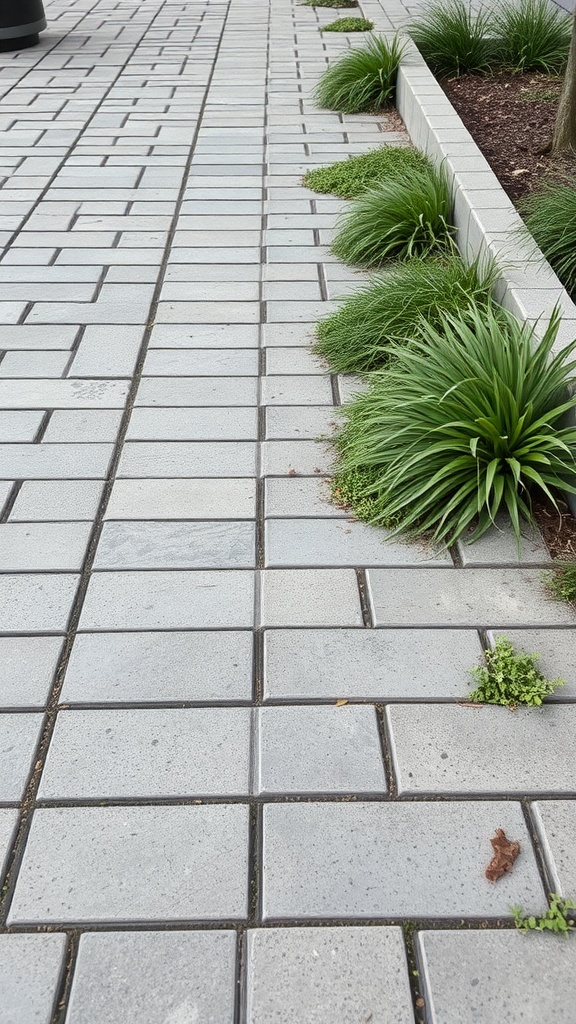 A modern cement block pathway with grass and plants on the sides.