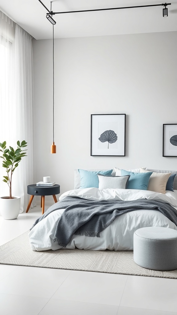 Cozy minimalist bedroom with soft blue accents and light gray walls