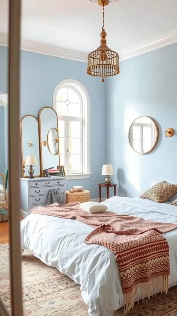 A light blue Boho bedroom featuring mirrors, plants, and cozy decor.