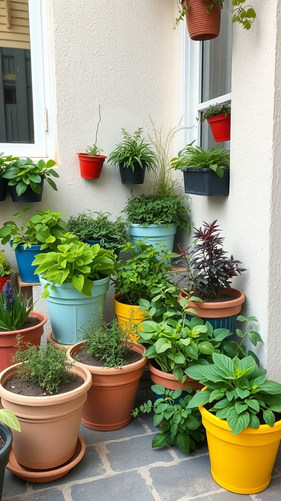 A colorful container herb garden on a patio with various herbs in pots.