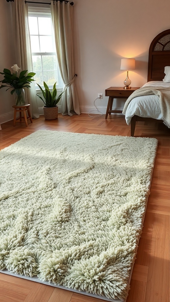 A cozy sage green rug in a bright bedroom with plants and warm lighting.
