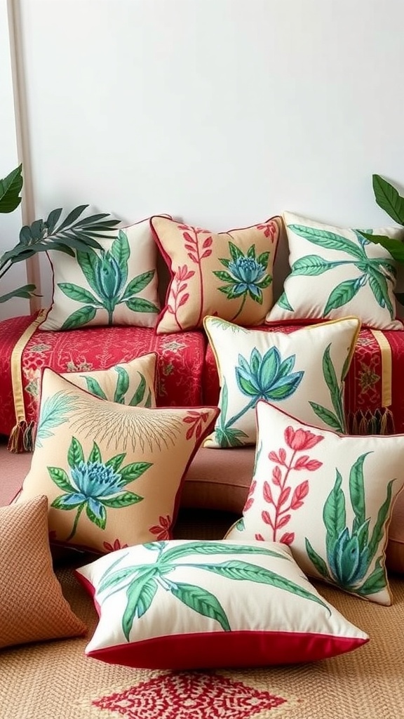 Colorful throw pillows with plant motifs arranged on a sofa