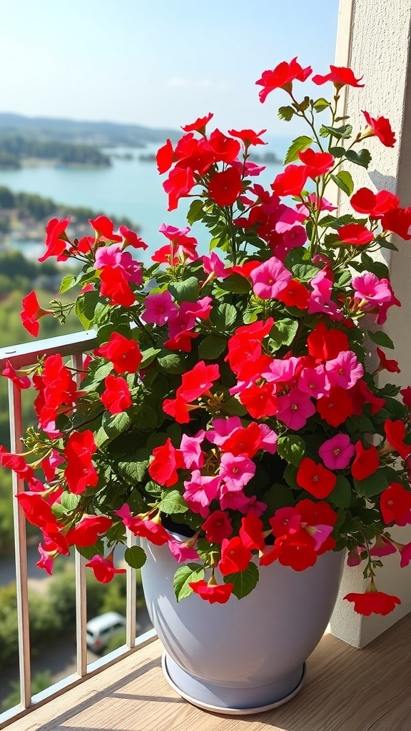 A vibrant arrangement of red and pink geraniums in a pot, with a scenic view in the background.