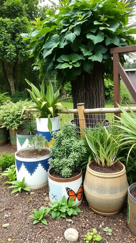 Colorful recycled pots in a backyard garden with various plants.