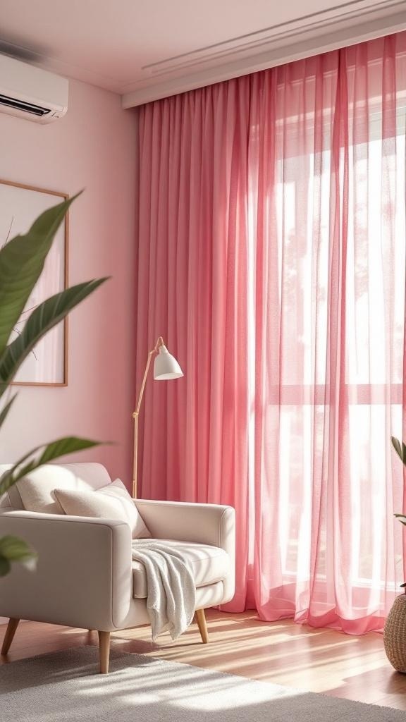 A cozy living room featuring pink sheer curtains, a light-colored armchair, and a plant.