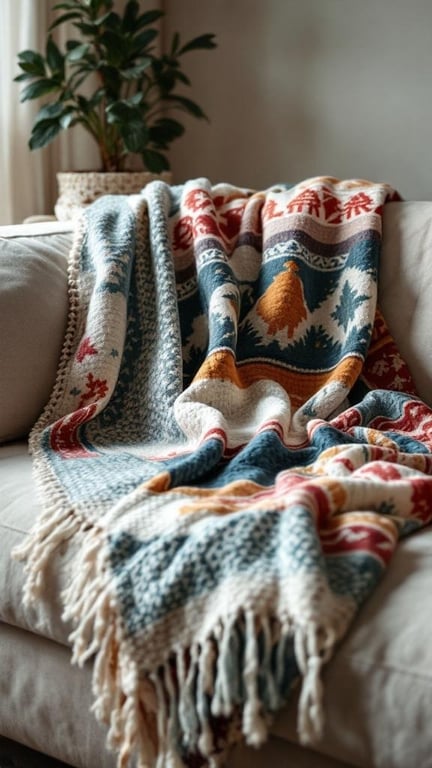 Artisan-style throw blanket with colorful patterns draped over a sofa