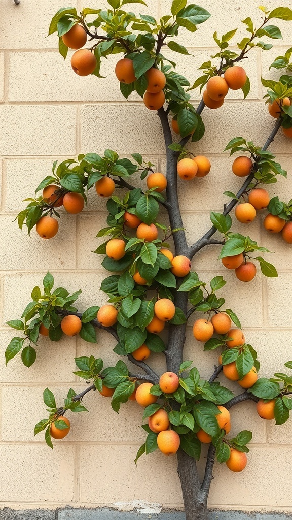 Espaliered fruit tree with ripe oranges against a wall