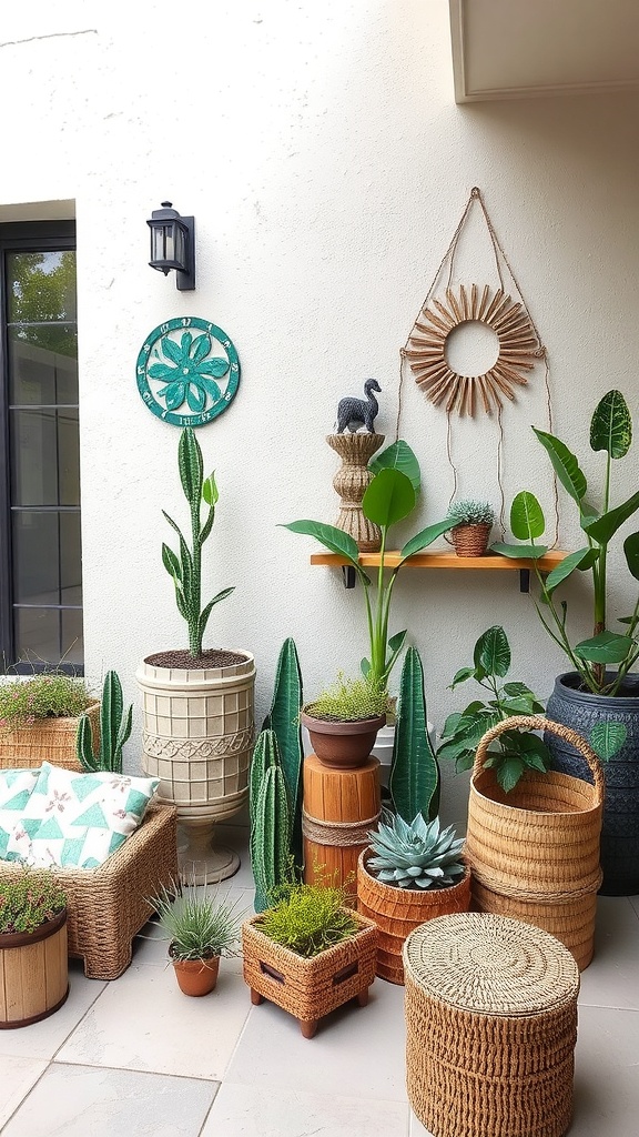 A collection of potted plants in various recycled containers on a patio.