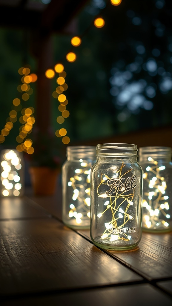 Mason jars filled with fairy lights on a patio, creating a warm and inviting atmosphere.