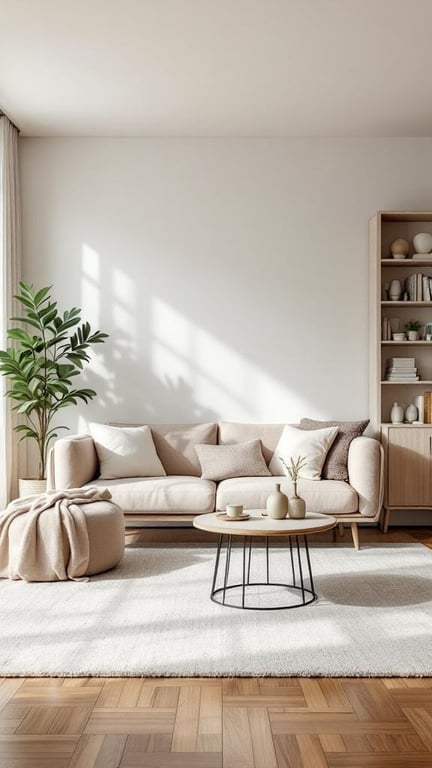 A modern living room with a light-colored sofa, a round coffee table, and a plant in the corner.