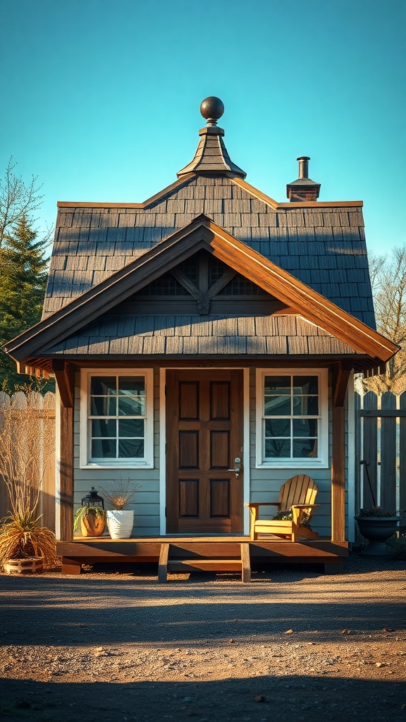 A small shed house with a unique roof design featuring a cupola and wooden details.
