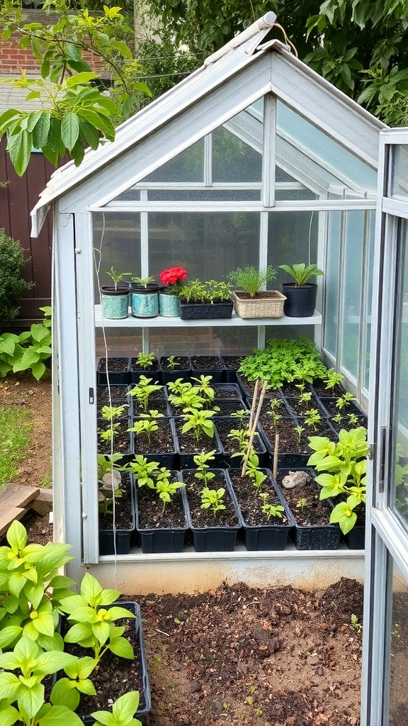 A mini greenhouse filled with various potted plants and seedlings, showcasing a small backyard garden setup.