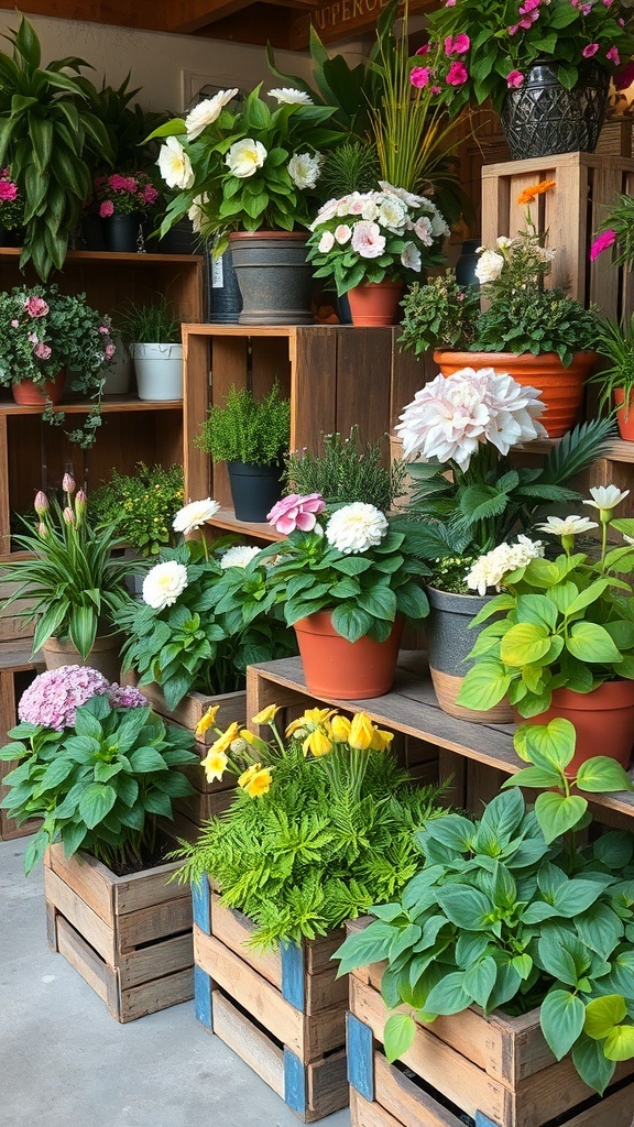 A collection of colorful plants arranged in rustic wooden crates, showcasing a variety of flowers and greenery.