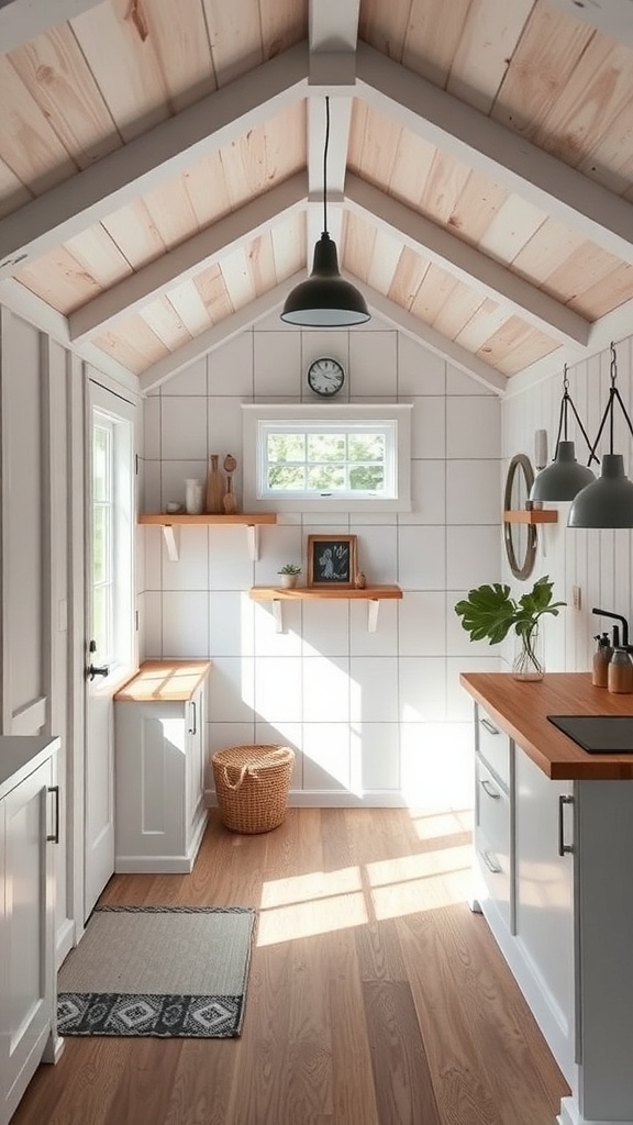 Interior of a tiny 2-story shed house with stylish lighting and wooden accents.