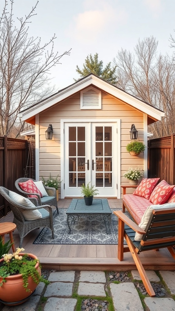 A cozy outdoor seating area in front of a shed house, featuring comfortable chairs, a table, and potted plants.