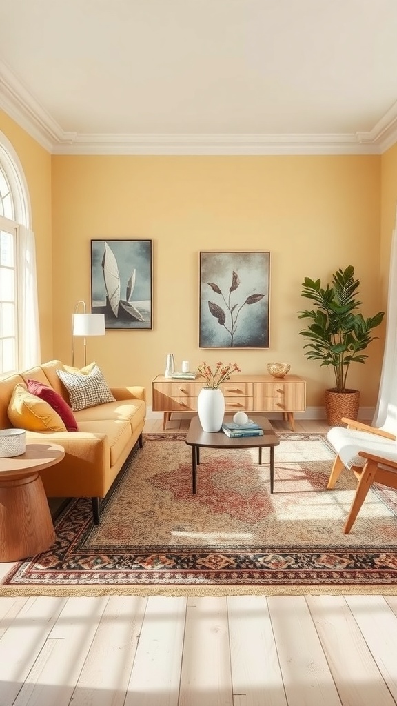A cozy yellow living room with layered rugs, featuring a round rug and a smaller decorative rug, complemented by a comfortable sofa and plants.
