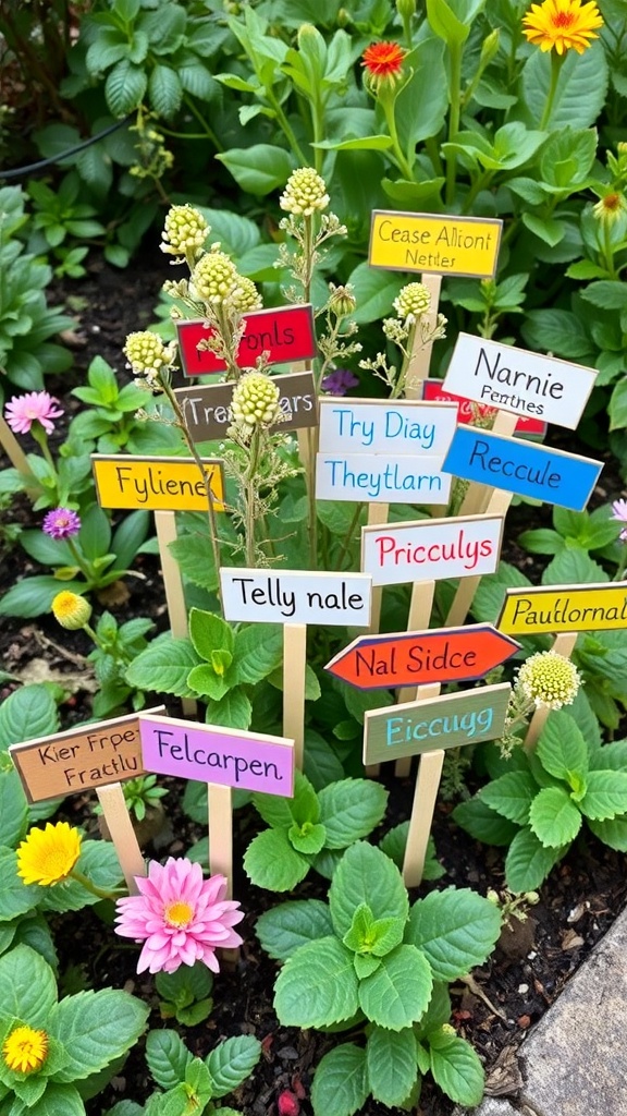 Colorful plant labels in a small backyard garden, pointing to various plants.