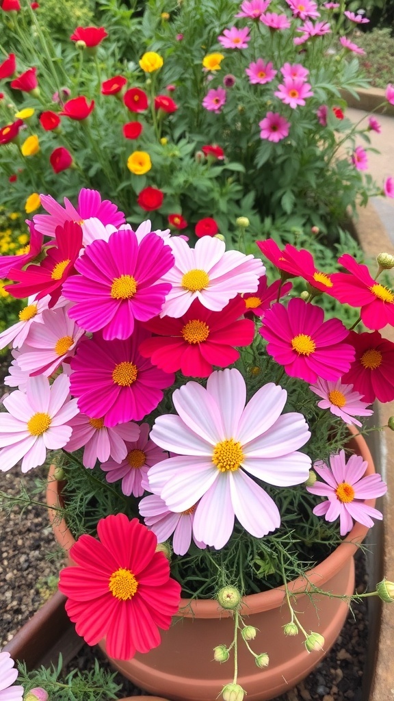 A vibrant collection of cosmos flowers in pink, white, and yellow, blooming in a terracotta pot.