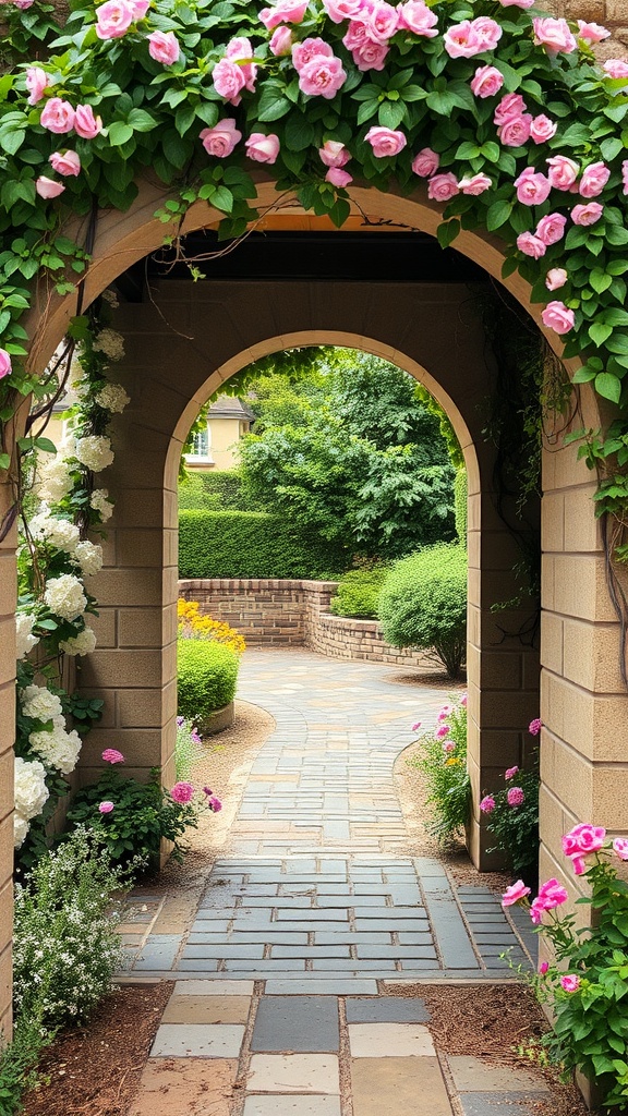 A picturesque garden walkway framed by a stone archway adorned with pink roses.