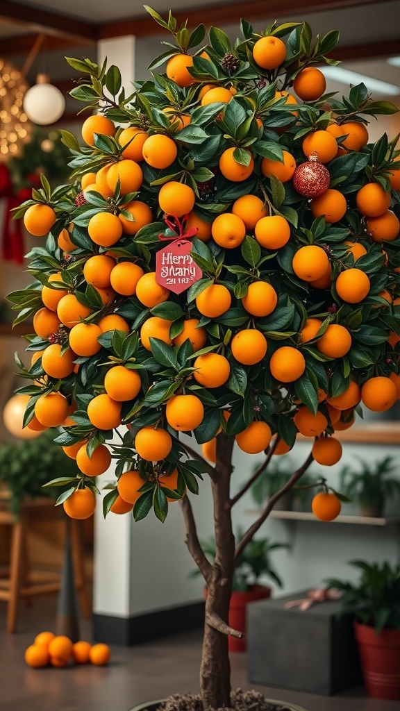 A dwarf mandarin tree full of bright orange fruit, decorated for the holidays.