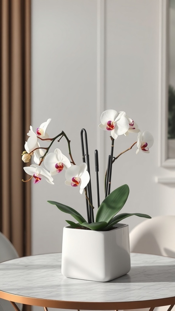 A display of white orchids with pink accents in a white pot on a marble table.