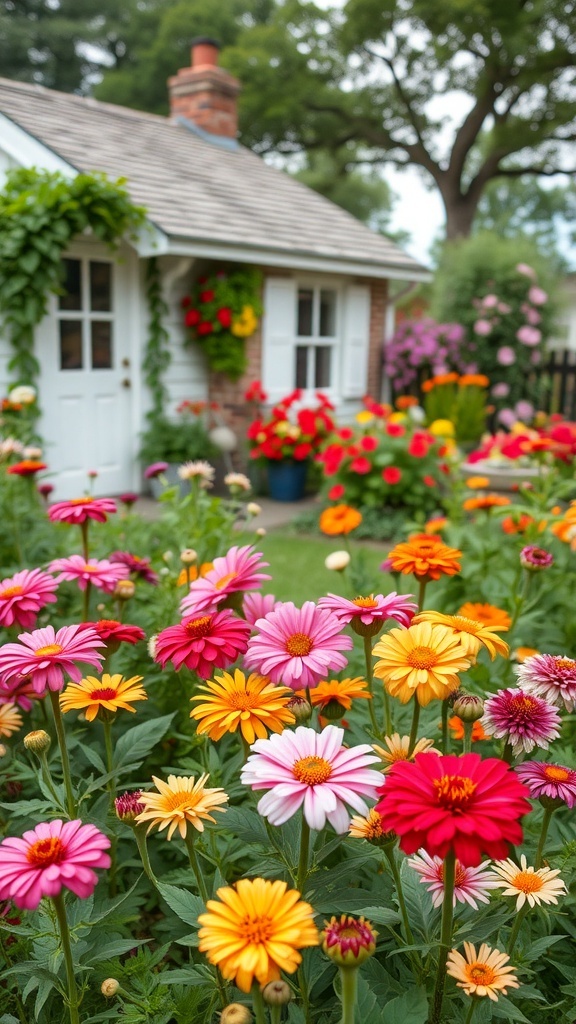 A colorful display of zinnias in front of a charming cottage garden.