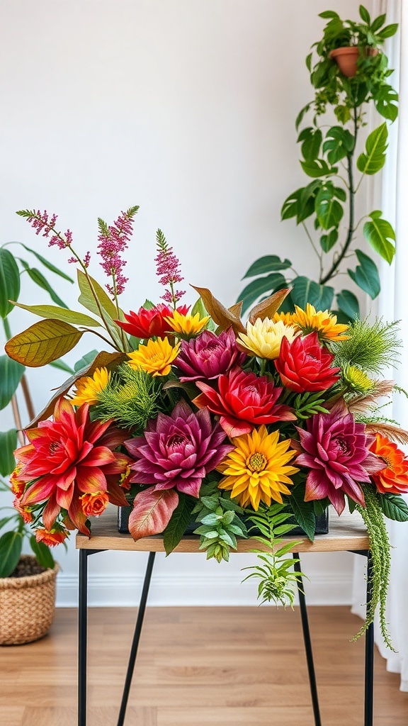 A vibrant arrangement of colorful flowers and greenery on a table, showcasing a mix of reds, yellows, and purples.