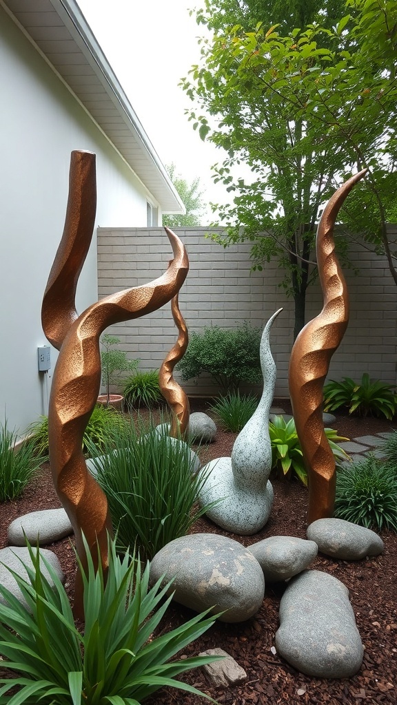 Playful outdoor sculptures surrounded by greenery in a backyard garden.