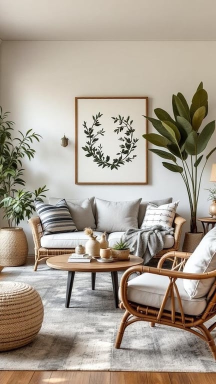 A cozy living room with rattan furniture, greenery, and natural decor elements.