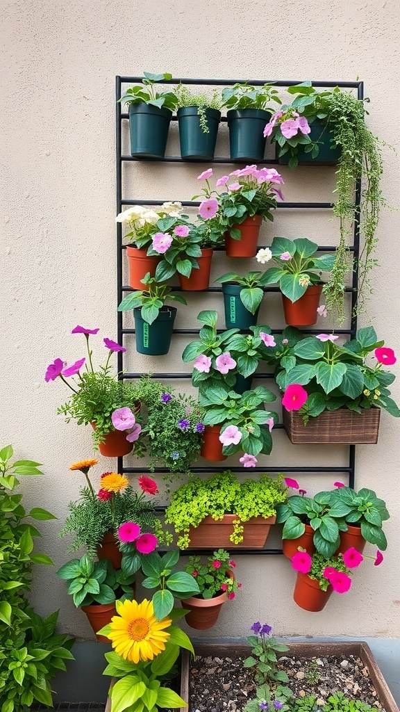 A vertical garden display with colorful flowers and greenery in pots.