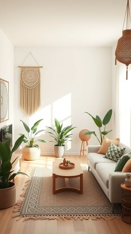 A cozy boho living room featuring a macramé wall hanging, plants, and a light-colored sofa.