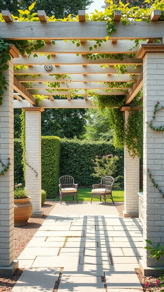 A sophisticated white stone pergola surrounded by lush greenery and a stone pathway.