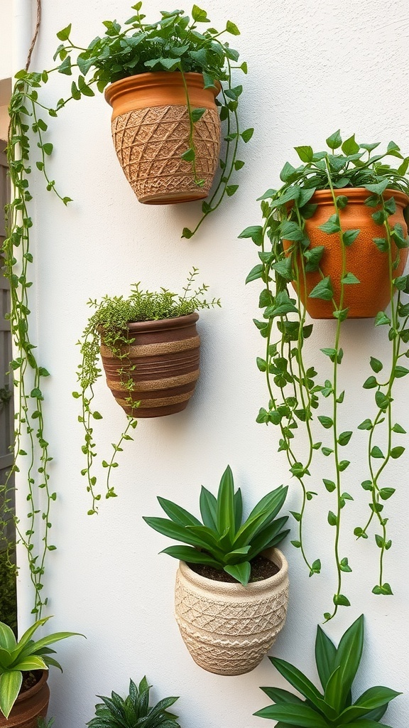 Wall-mounted terracotta planters with various indoor plants
