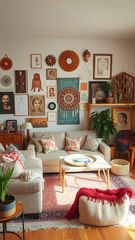 A cozy boho living room with personalized decor items, featuring a wall of art, comfortable furniture, and plants.