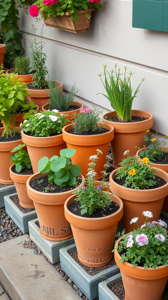 A collection of stacked vintage terracotta pots filled with various plants, showcasing a beautiful garden border idea.