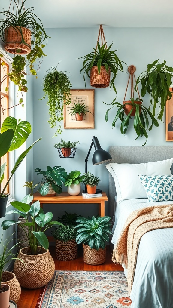 A light blue Boho bedroom featuring various indoor plants, a cozy bed, and a warm atmosphere.