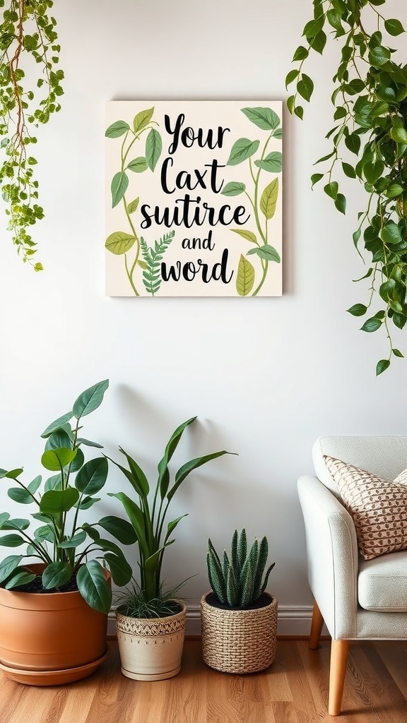 Bohemian wall art with plant themes and indoor plants in decorative pots.