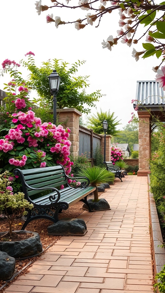 A beautiful garden pathway lined with benches and blooming flowers.